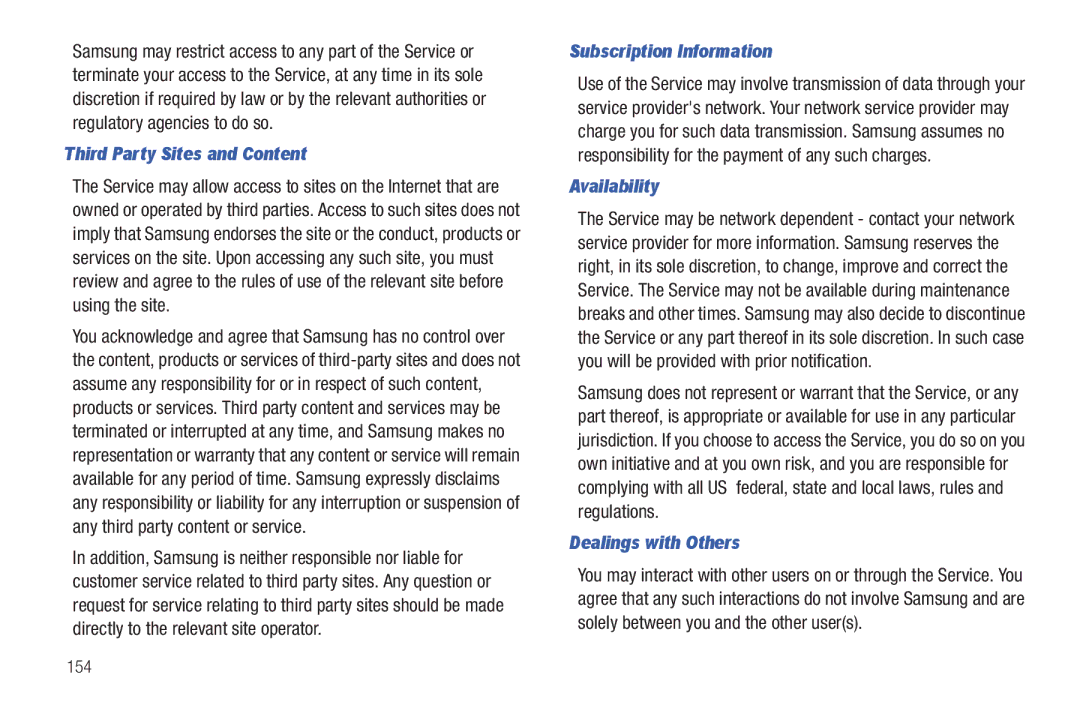 Samsung YP-G1CWY Third Party Sites and Content, Subscription Information, Availability, Dealings with Others, 154 