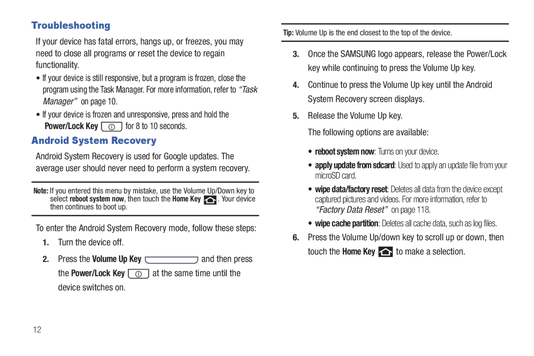 Samsung YP-G1CWY Troubleshooting, Android System Recovery, Power/Lock Key for 8 to 10 seconds, Turn the device off 