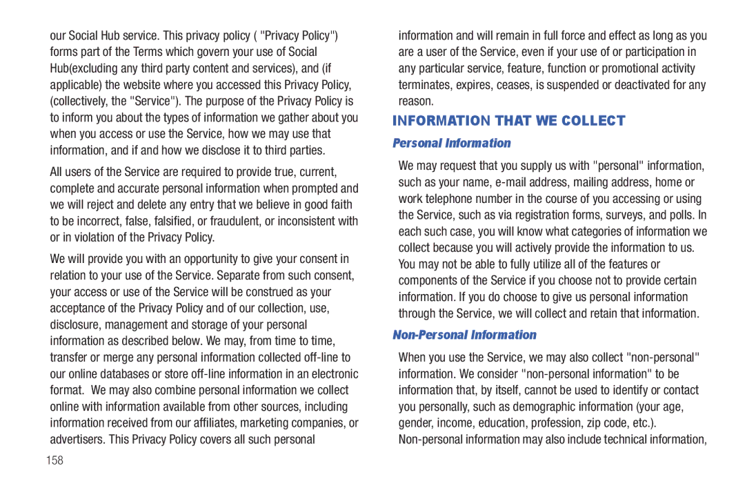 Samsung YP-G1CWY user manual Non-Personal Information, 158 