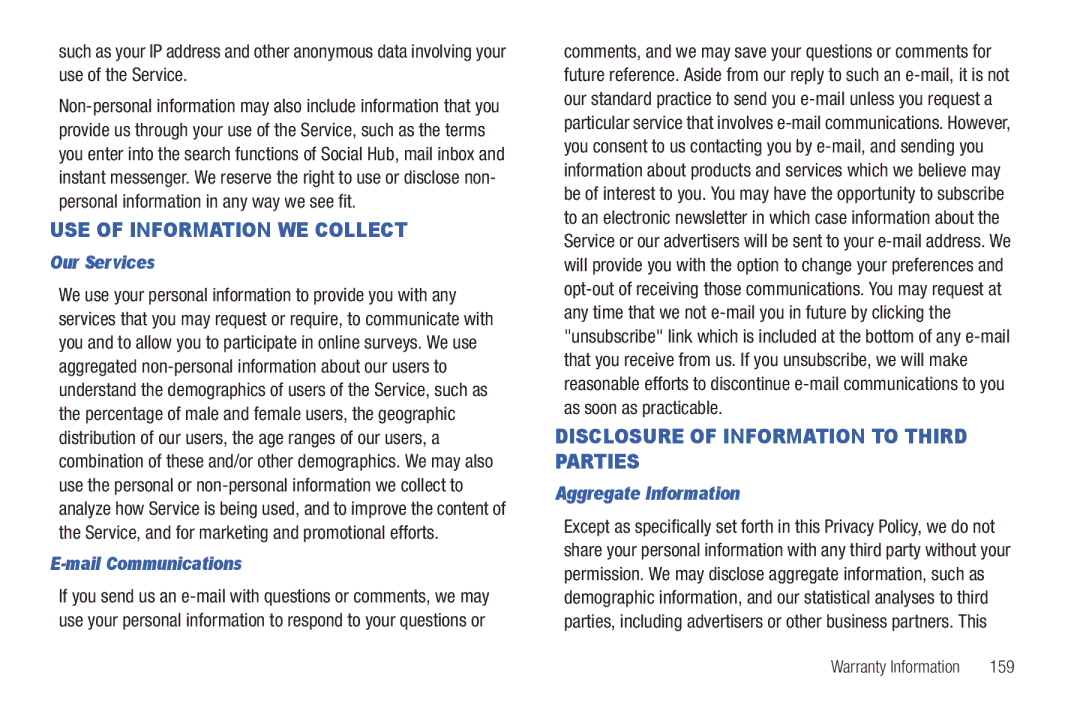 Samsung YP-G1CWY user manual Our Services, Mail Communications, Aggregate Information, 159 