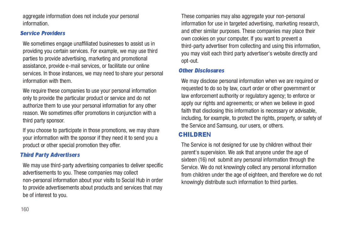 Samsung YP-G1CWY user manual Service Providers, Third Party Advertisers, Other Disclosures, 160 