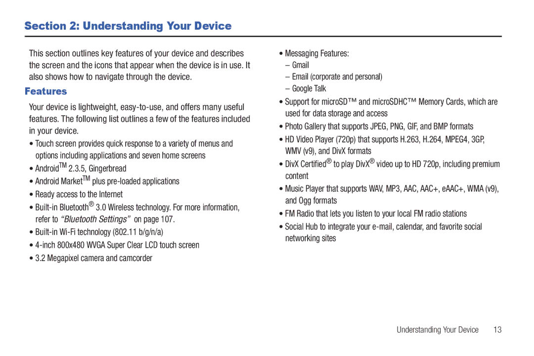 Samsung YP-G1CWY user manual Understanding Your Device, Features 