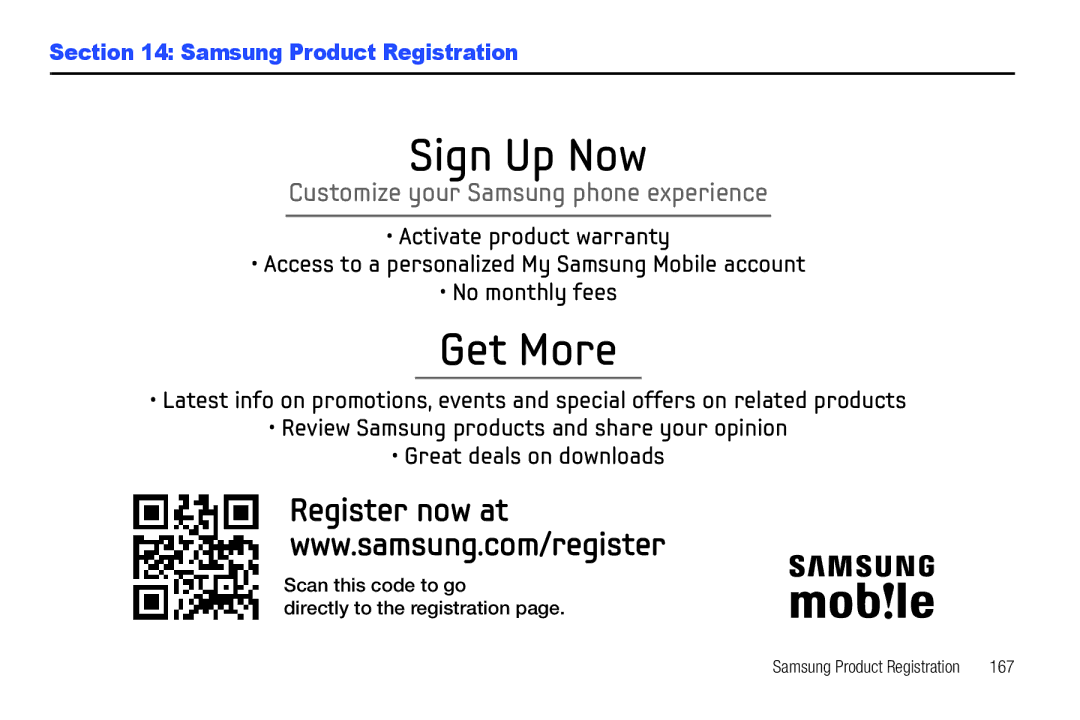 Samsung YP-G1CWY user manual Samsung Product Registration, Scan this code to go Directly to the registration, 167 