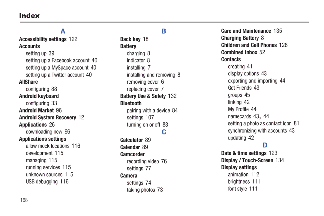 Samsung YP-G1CWY Accessibility settings, Android Market, Applications settings, Back key Battery, Display settings 