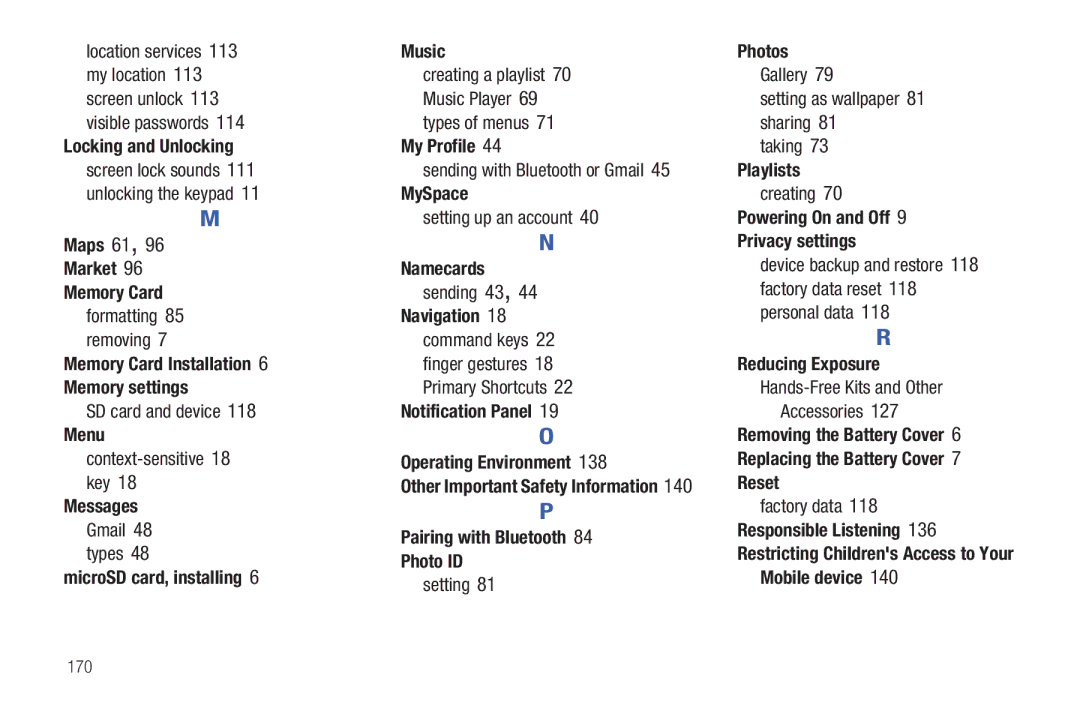 Samsung YP-G1CWY Locking and Unlocking, Maps 61 Market Memory Card, Memory Card Installation Memory settings, Menu, Music 