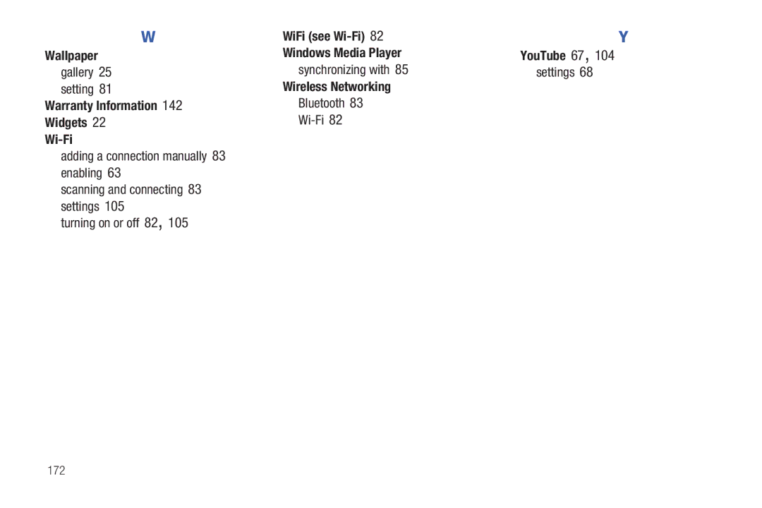 Samsung YP-G1CWY user manual Warranty Information Widgets Wi-Fi, WiFi see Wi-Fi Windows Media Player, Wireless Networking 