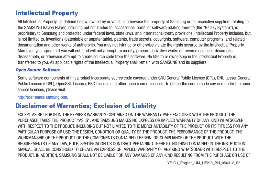 Samsung YP-G1CWY user manual Intellectual Property, Open Source Software 