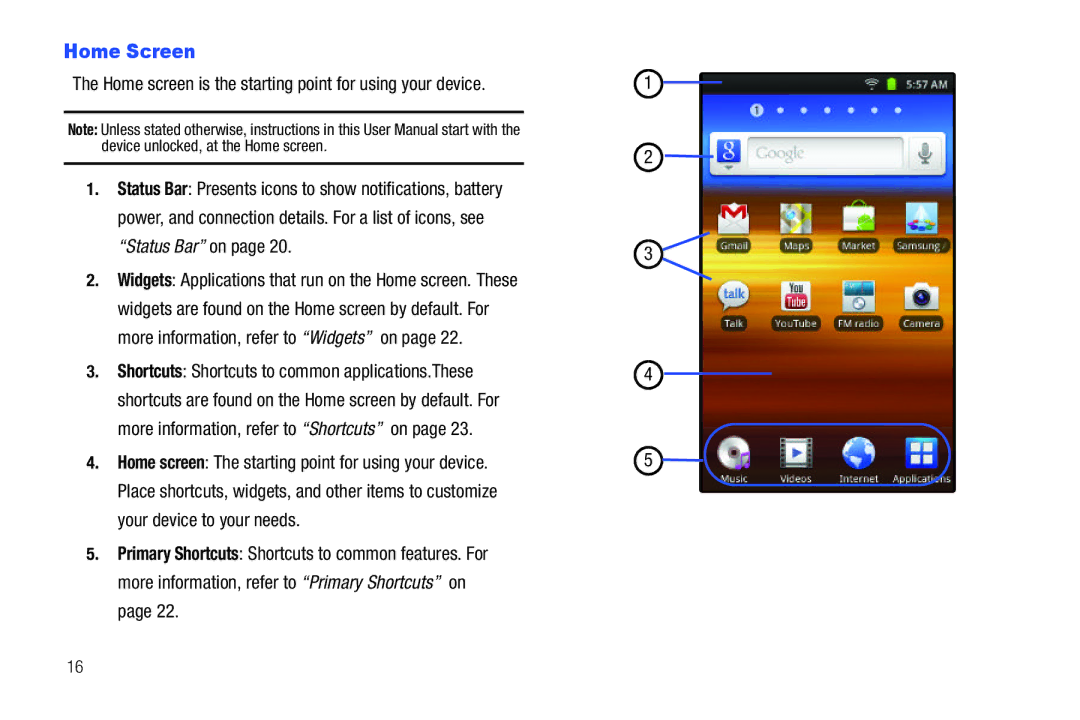 Samsung YP-G1CWY user manual Home Screen, Home screen is the starting point for using your device 