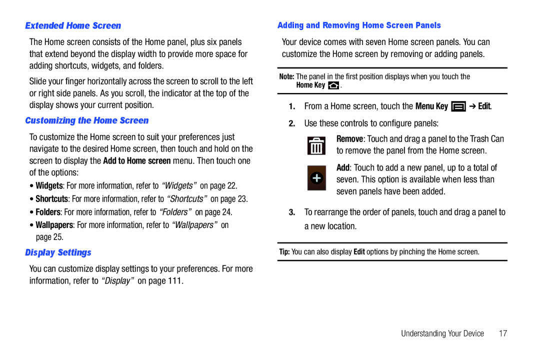 Samsung YP-G1CWY user manual Extended Home Screen, Customizing the Home Screen, Display Settings 