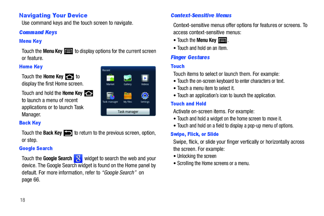 Samsung YP-G1CWY user manual Navigating Your Device, Command Keys, Context-Sensitive Menus, Finger Gestures 