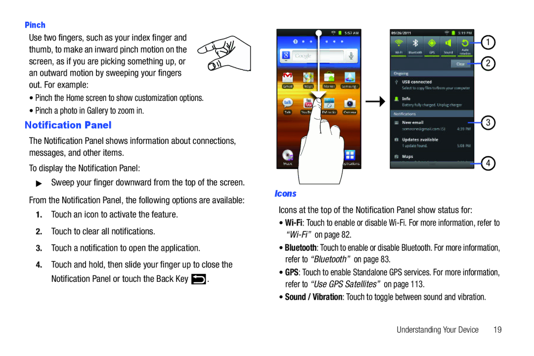 Samsung YP-G1CWY user manual Notification Panel or touch the Back Key, Icons, Pinch 