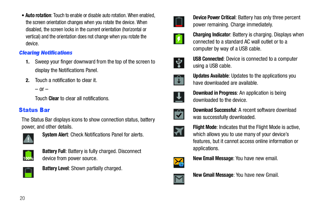 Samsung YP-G1CWY user manual Status Bar, Clearing Notifications 