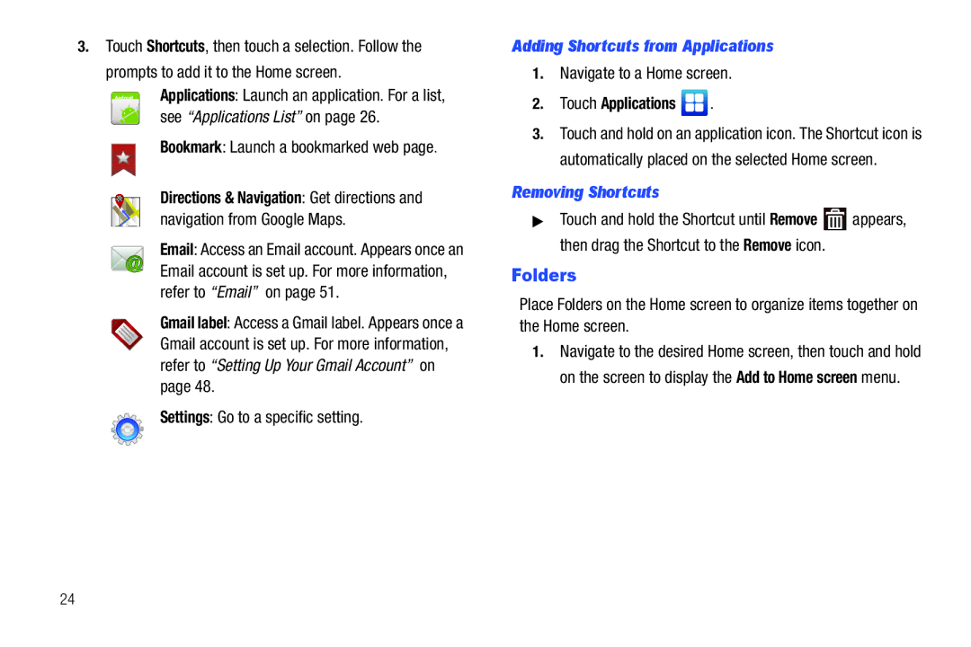 Samsung YP-G1CWY user manual Folders, Adding Shortcuts from Applications, Touch Applications, Removing Shortcuts 