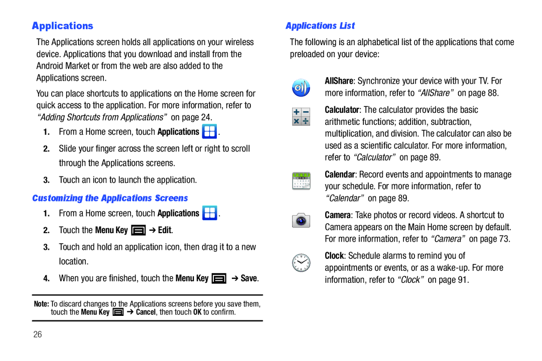 Samsung YP-G1CWY Touch an icon to launch the application, Customizing the Applications Screens, Applications List 