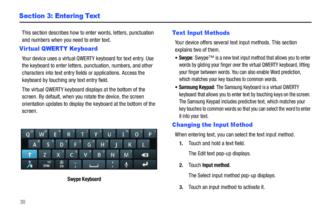 Samsung YP-G1CWY user manual Entering Text, Virtual Qwerty Keyboard, Text Input Methods, Changing the Input Method 