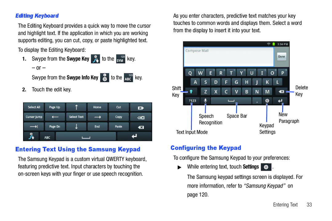 Samsung YP-G1CWY user manual Entering Text Using the Samsung Keypad, Configuring the Keypad, Editing Keyboard 