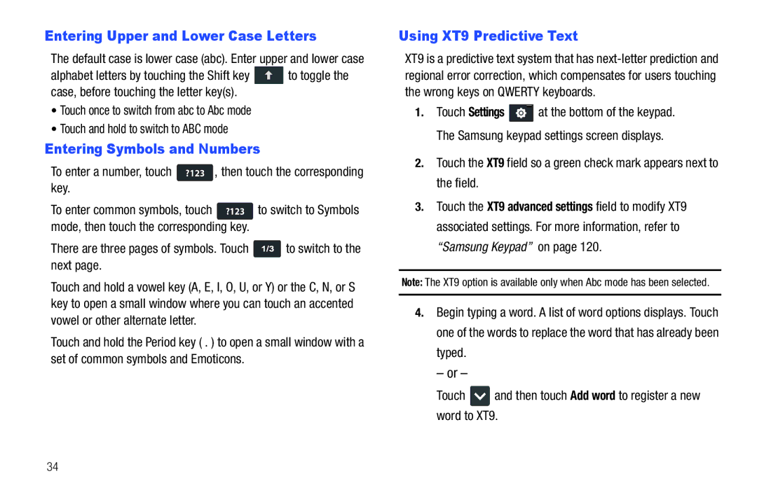 Samsung YP-G1CWY user manual Entering Upper and Lower Case Letters, Entering Symbols and Numbers, Using XT9 Predictive Text 