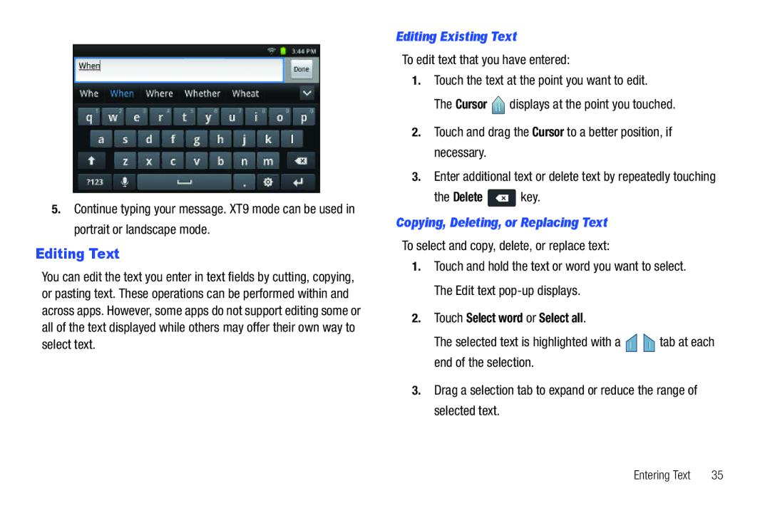 Samsung YP-G1CWY user manual Editing Text, Editing Existing Text, Copying, Deleting, or Replacing Text 