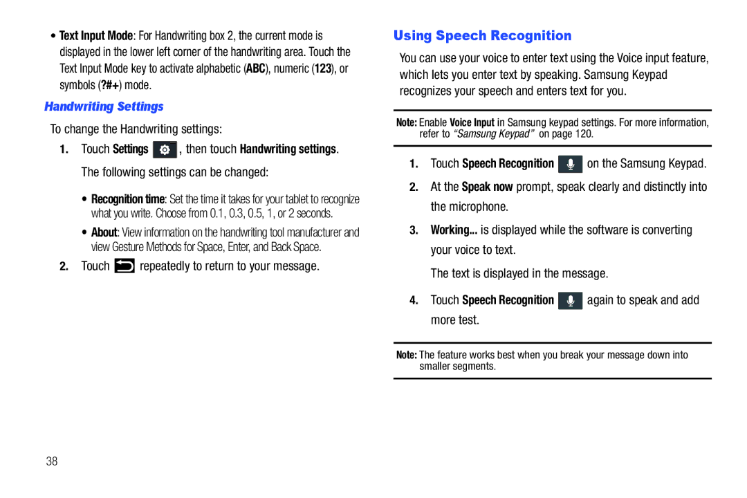 Samsung YP-G1CWY user manual Using Speech Recognition, Handwriting Settings, To change the Handwriting settings 