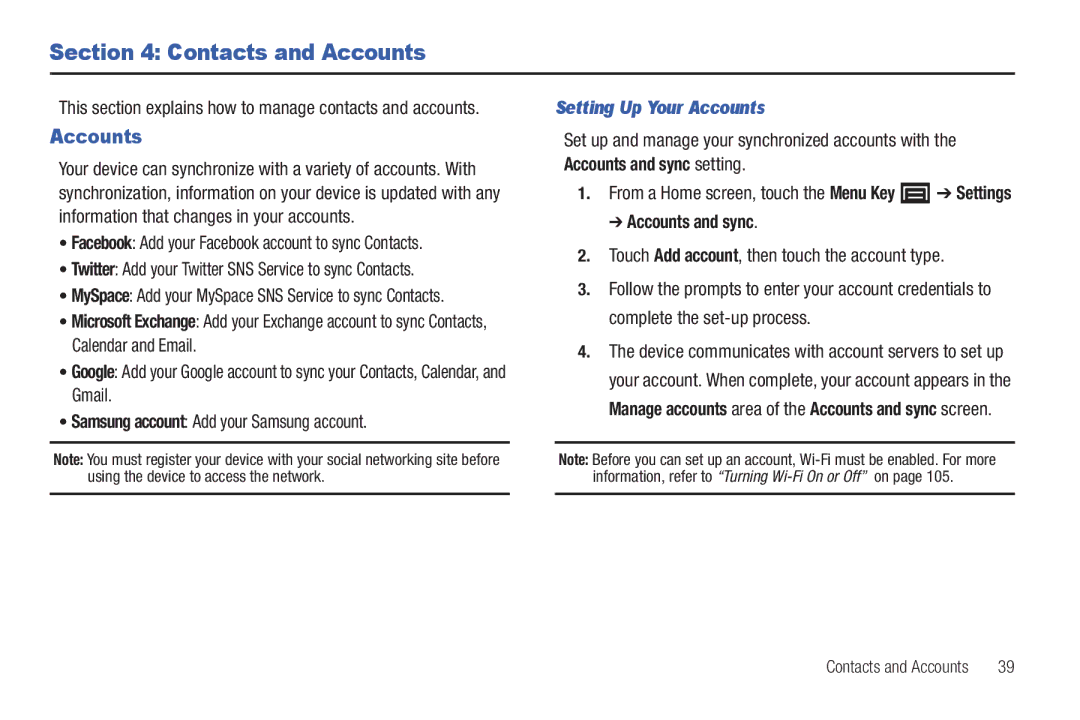 Samsung YP-G1CWY user manual Contacts and Accounts, Setting Up Your Accounts, Accounts and sync 