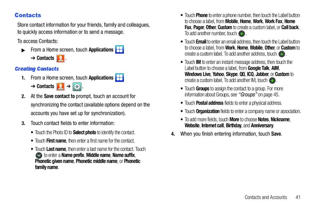 Samsung YP-G1CWY user manual Creating Contacts 