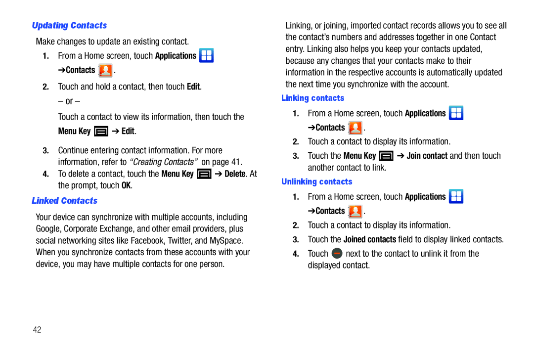 Samsung YP-G1CWY user manual Updating Contacts, Touch and hold a contact, then touch Edit, Menu Key Edit, Linked Contacts 