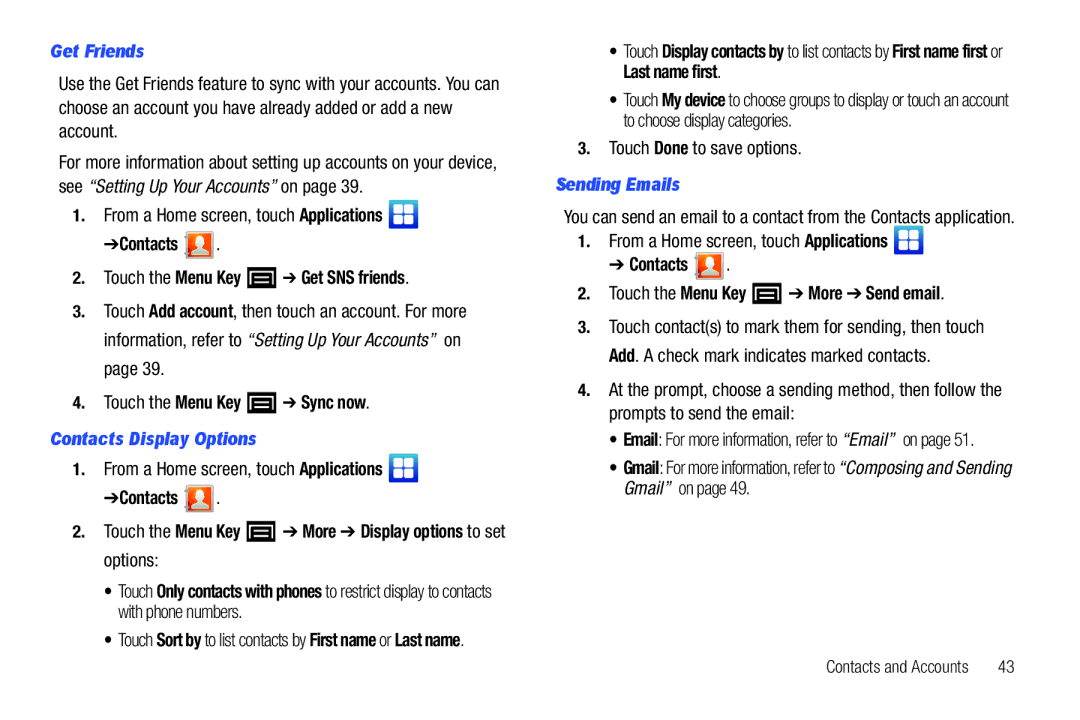 Samsung YP-G1CWY user manual Get Friends, Contacts Display Options, Sending Emails 