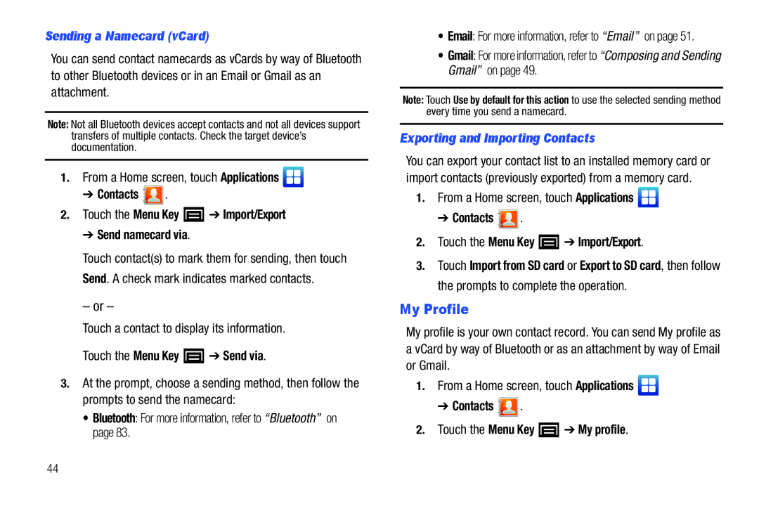 Samsung YP-G1CWY user manual My Profile, Sending a Namecard vCard, Exporting and Importing Contacts 