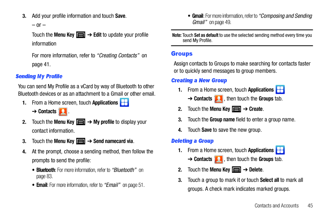 Samsung YP-G1CWY user manual Groups, Sending My Profile, Creating a New Group, Deleting a Group 