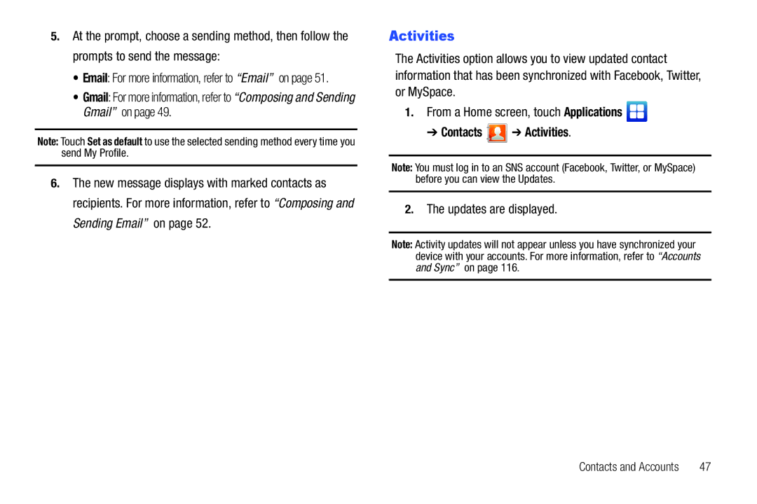 Samsung YP-G1CWY user manual Contacts Activities, Updates are displayed 