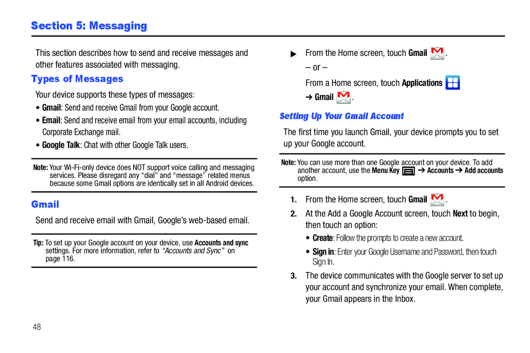 Samsung YP-G1CWY user manual Messaging, Types of Messages, Setting Up Your Gmail Account 