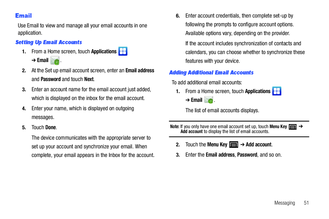 Samsung YP-G1CWY user manual Setting Up Email Accounts, Adding Additional Email Accounts, Touch the Menu Key Add account 