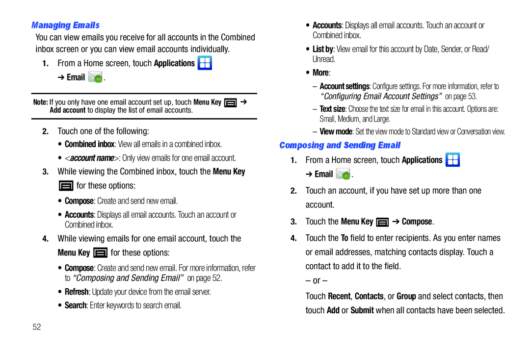 Samsung YP-G1CWY user manual Managing Emails, Menu Key for these options, Composing and Sending Email 