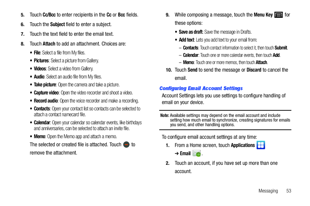 Samsung YP-G1CWY user manual Configuring Email Account Settings, Touch Cc/Bcc to enter recipients in the Cc or Bcc fields 