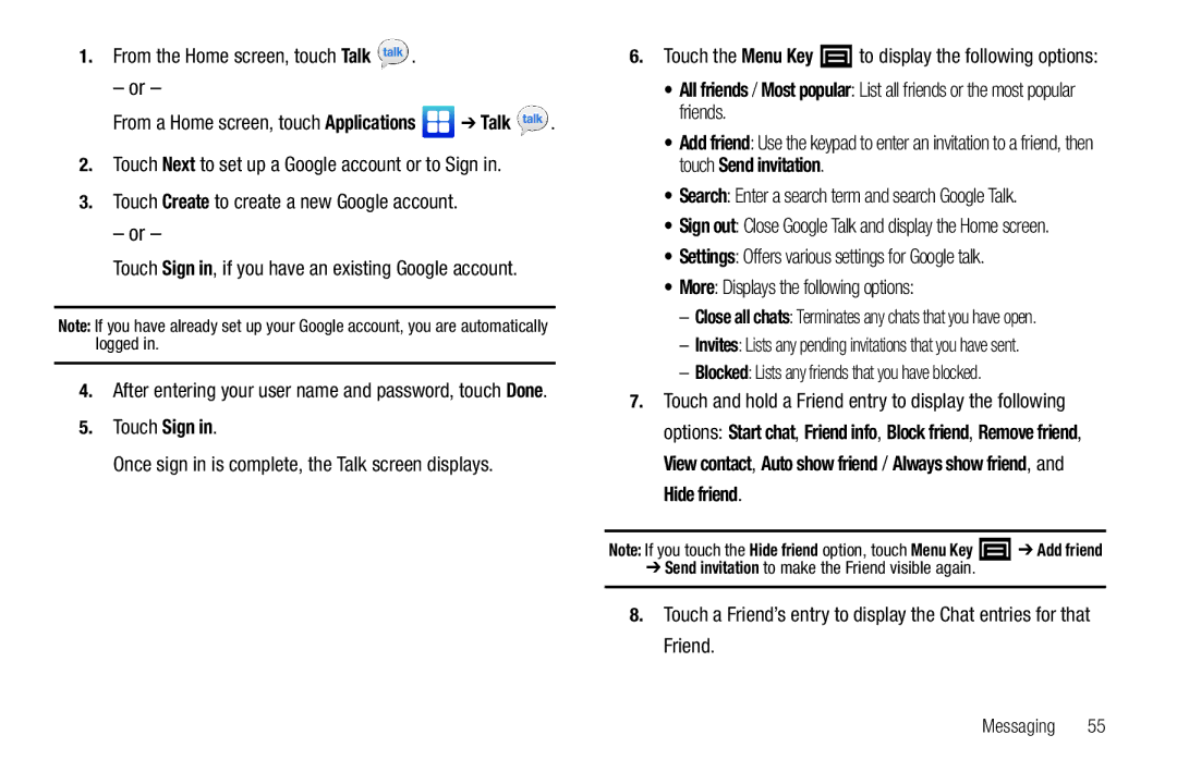 Samsung YP-G1CWY user manual From the Home screen, touch Talk, Touch Create to create a new Google account 