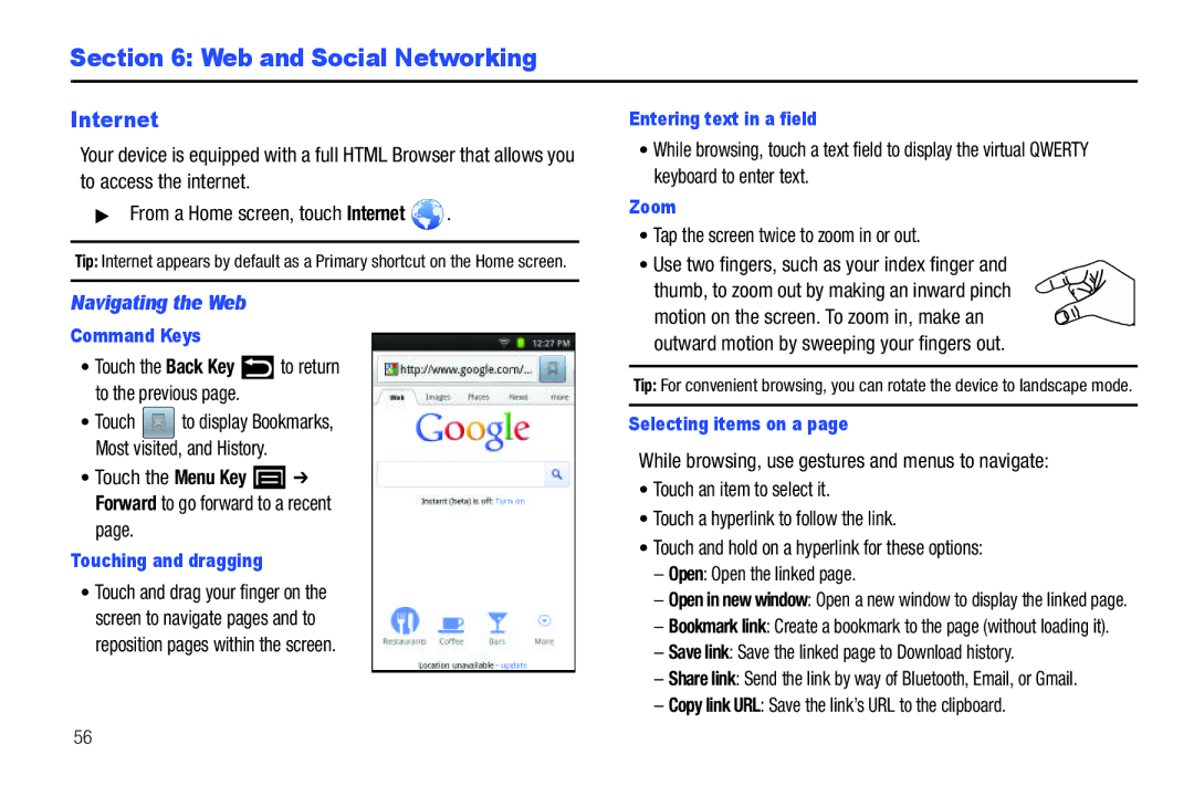 Samsung YP-G1CWY user manual Web and Social Networking, Internet, Navigating the Web 