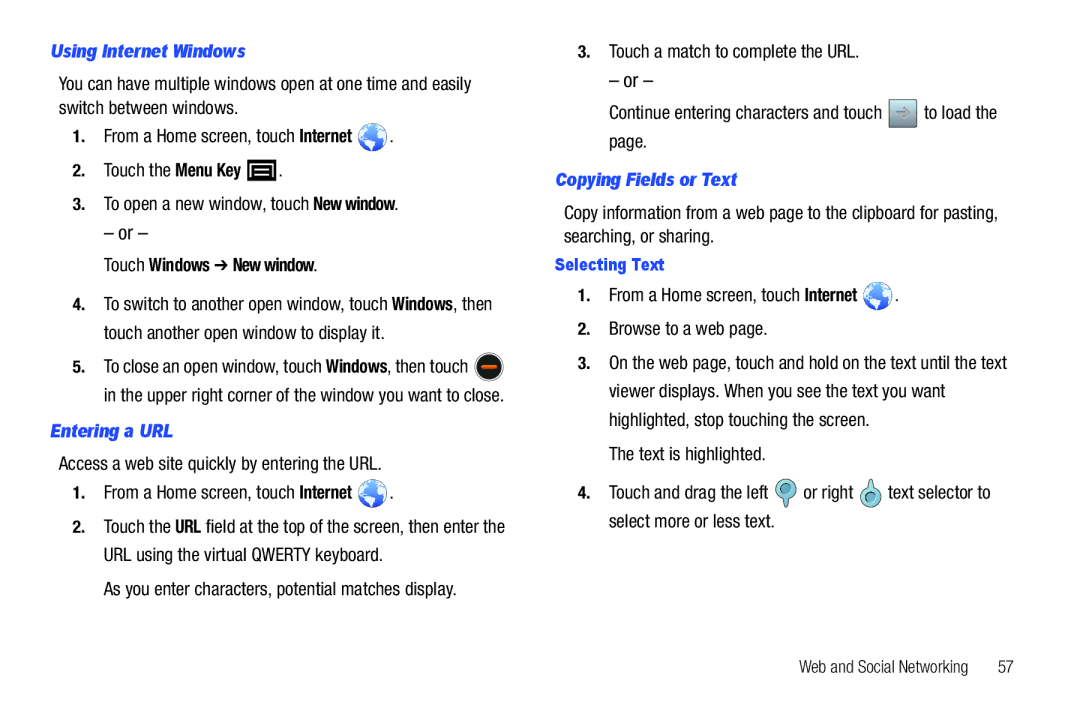 Samsung YP-G1CWY user manual Using Internet Windows, Touch Windows New window, Entering a URL, Copying Fields or Text 