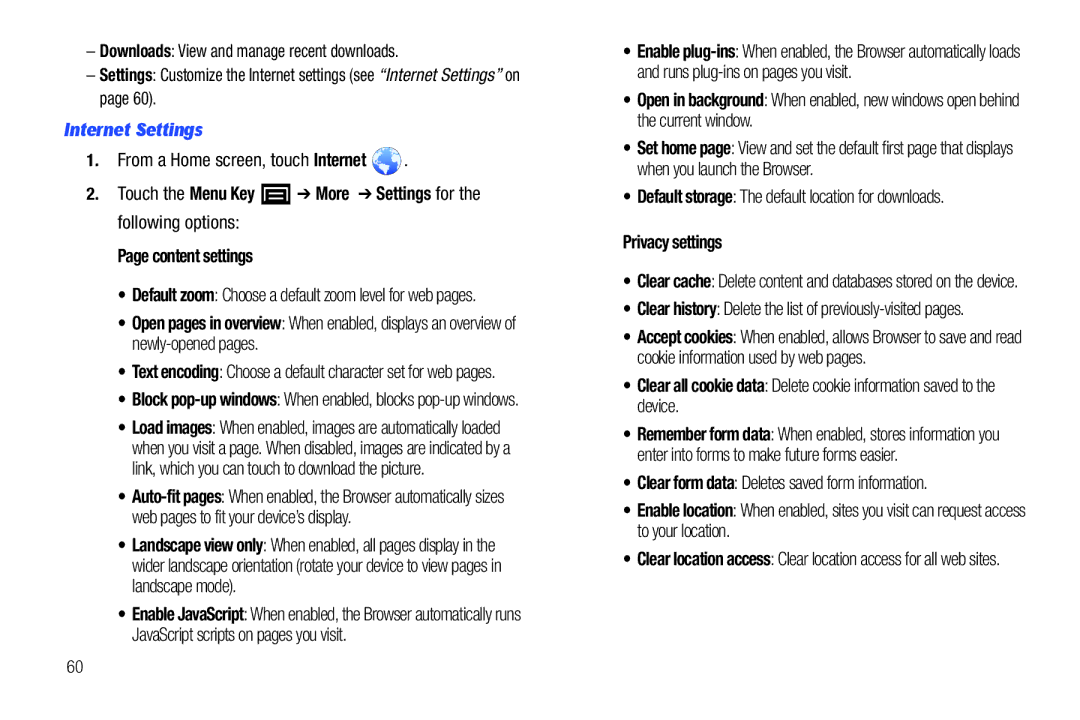 Samsung YP-G1CWY user manual Internet Settings, Privacy settings, Default zoom Choose a default zoom level for web pages 