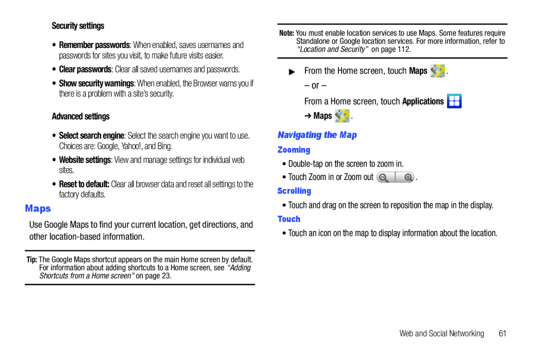 Samsung YP-G1CWY user manual Maps, Security settings, Advanced settings, Navigating the Map 