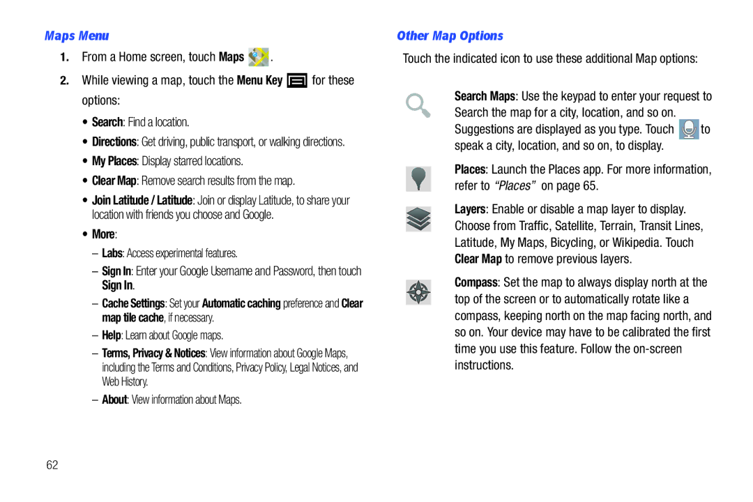 Samsung YP-G1CWY user manual Maps Menu, Help Learn about Google maps, About View information about Maps, Other Map Options 