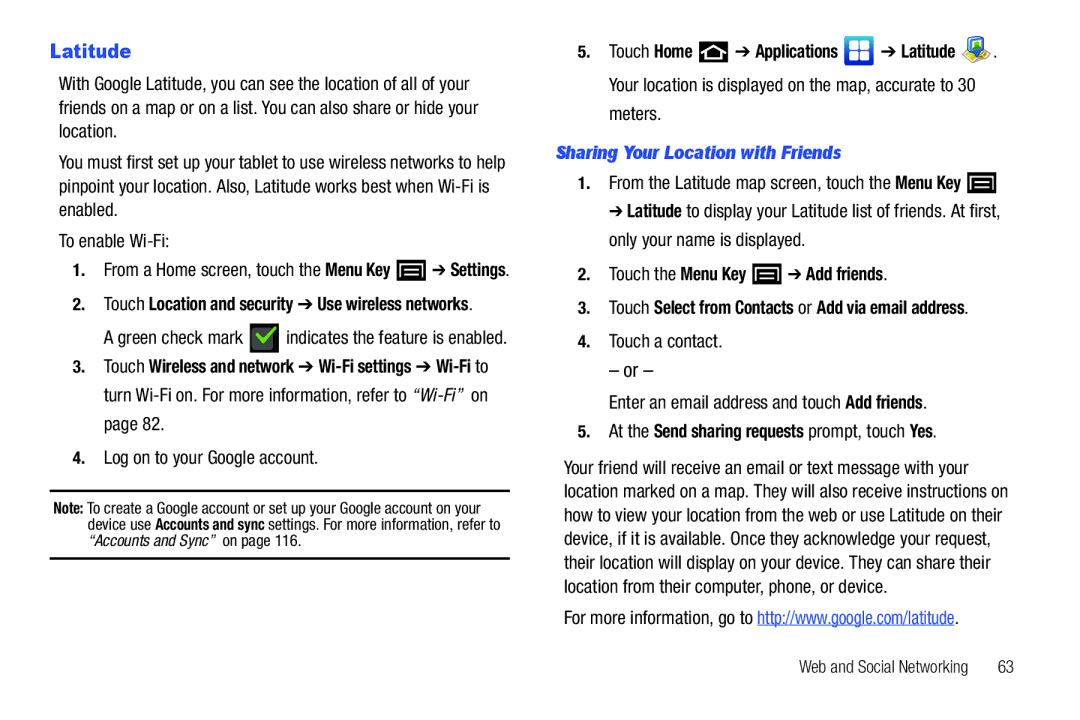 Samsung YP-G1CWY user manual Latitude, Log on to your Google account, Sharing Your Location with Friends 