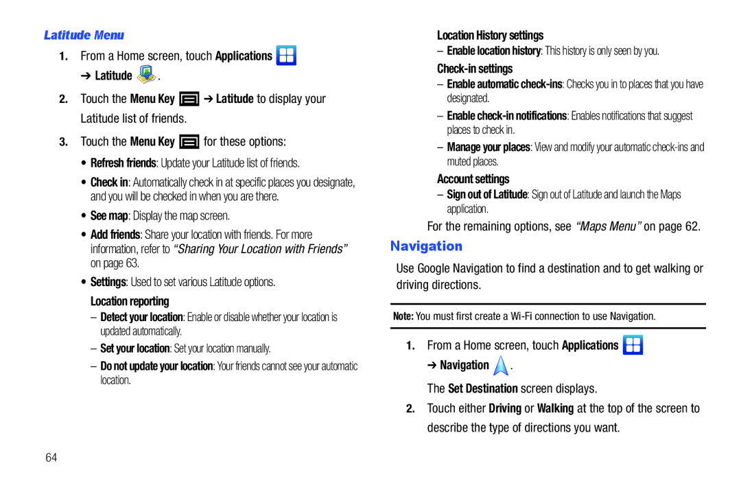 Samsung YP-G1CWY user manual Navigation, Latitude Menu, Location reporting, Account settings 