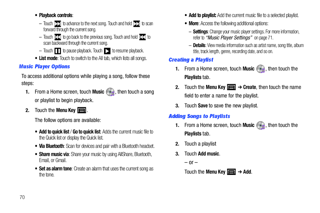 Samsung YP-G1CWY user manual Playback controls, Music Player Options, Creating a Playlist, Adding Songs to Playlists 