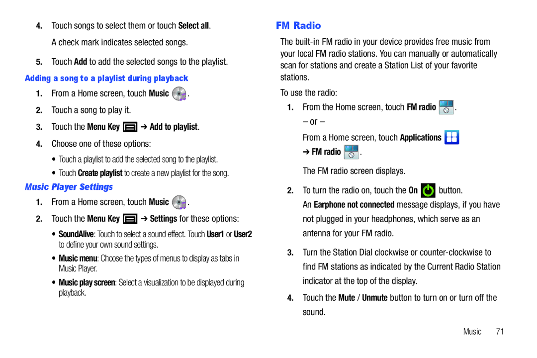 Samsung YP-G1CWY user manual FM Radio, Touch the Menu Key Add to playlist, Music Player Settings, FM radio FM 