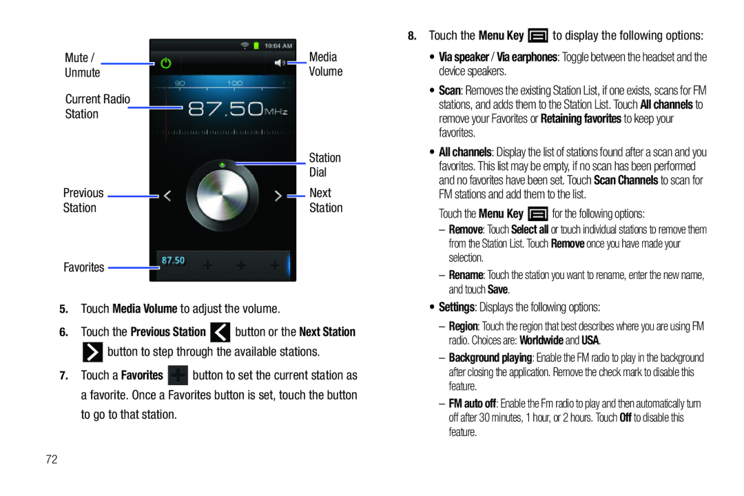 Samsung YP-G1CWY user manual Unmute, Current Radio Station, Dial, Next, Favorites Touch Media Volume to adjust the volume 