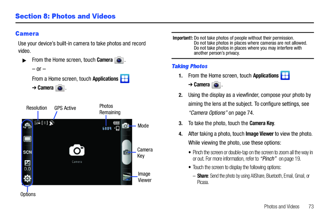 Samsung YP-G1CWY user manual Photos and Videos, Camera, Taking Photos 