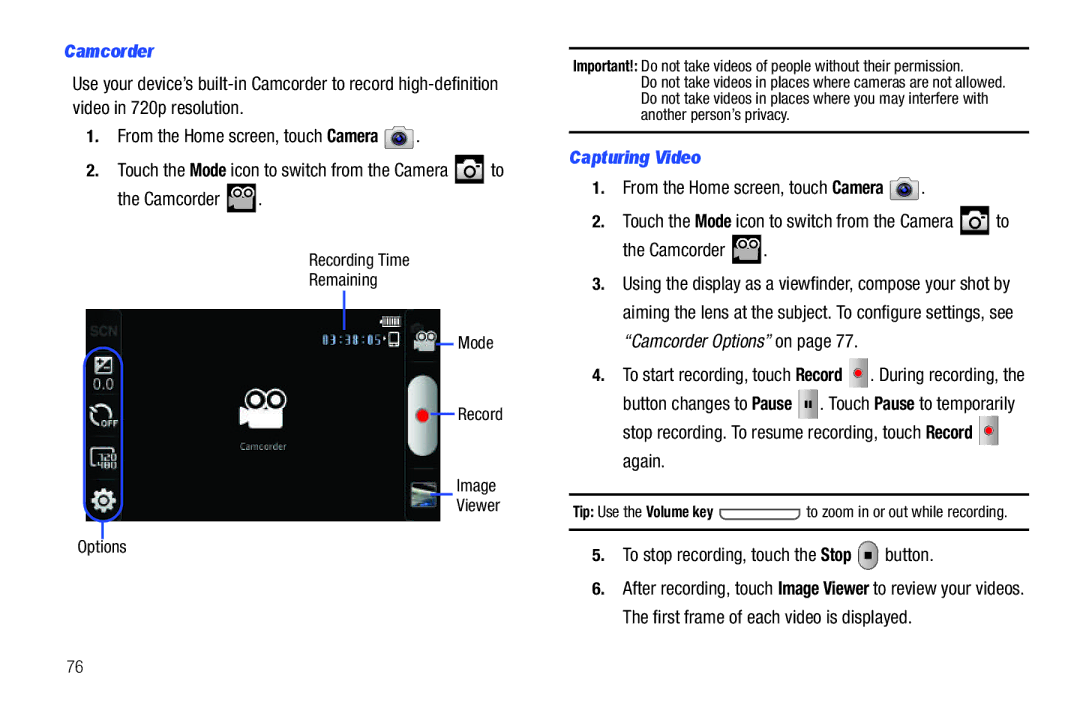 Samsung YP-G1CWY user manual Camcorder, Capturing Video, To stop recording, touch the Stop button 