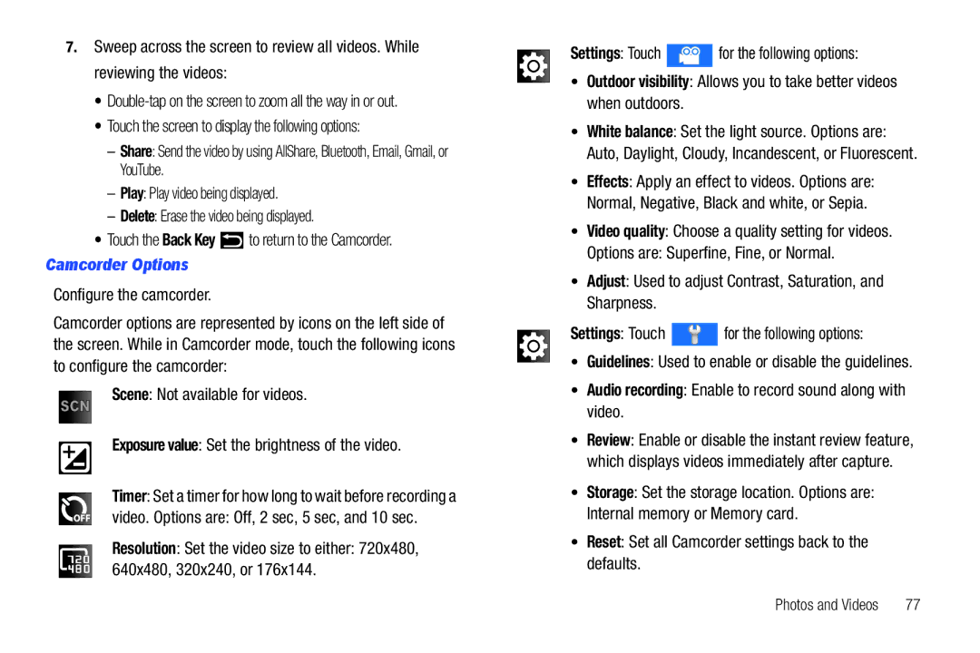 Samsung YP-G1CWY user manual Camcorder Options, Configure the camcorder, Video. Options are Off, 2 sec, 5 sec, and 10 sec 