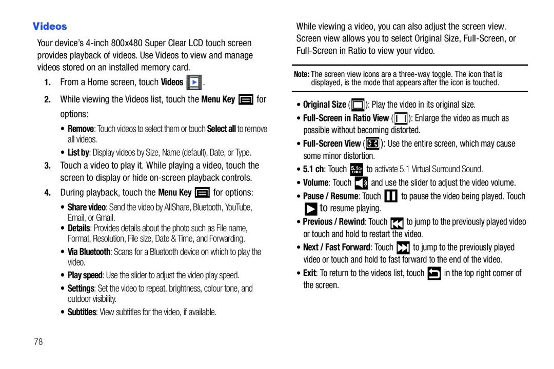 Samsung YP-G1CWY user manual Videos, Original Size Play the video in its original size, To resume playing 