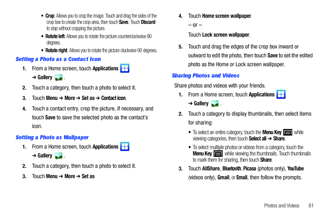 Samsung YP-G1CWY user manual Setting a Photo as a Contact Icon, Sharing Photos and Videos, Setting a Photo as Wallpaper 